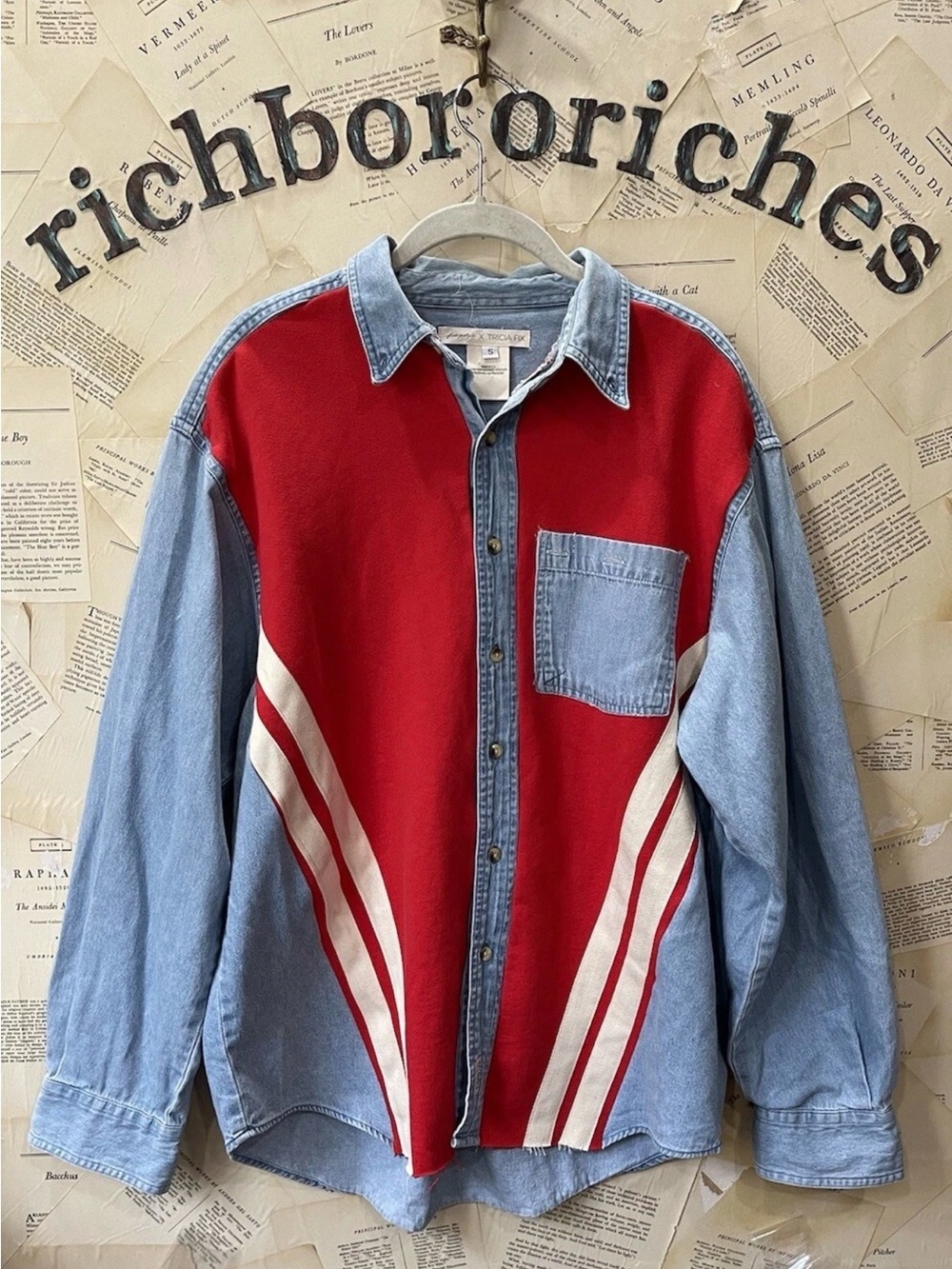 Free People x Tricia Fix Mixed Emotions Shirt Denim Sweatshirt Uncycled Rework - Picture 5 of 6